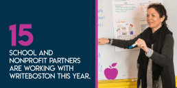 teacher pointing to a whiteboard and smiling