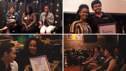 students smiling and celebrating their articles