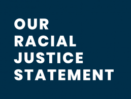 Dark blue background with bold words: