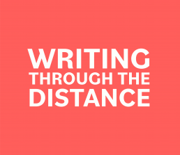 writing through the distance logo, white text on pink background