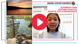 Screenshot of live stream - video still of student with photo essay pictures on left side