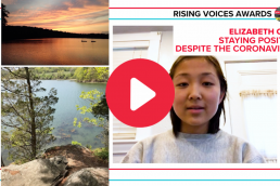 Screenshot of live stream - video still of student with photo essay pictures on left side