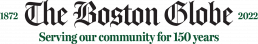 Boston Globe 150th anniversary logo. Reads 