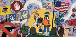 Mural painted in bright colors, depicting anti-gun violence signs and symbols. Two children frown over a gravestone in the center of the mural.