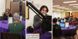 Attendees sitting around roundtables and one student at their own table with a podcast microphone.