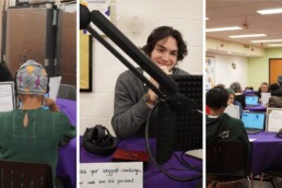 Attendees sitting around roundtables and one student at their own table with a podcast microphone.